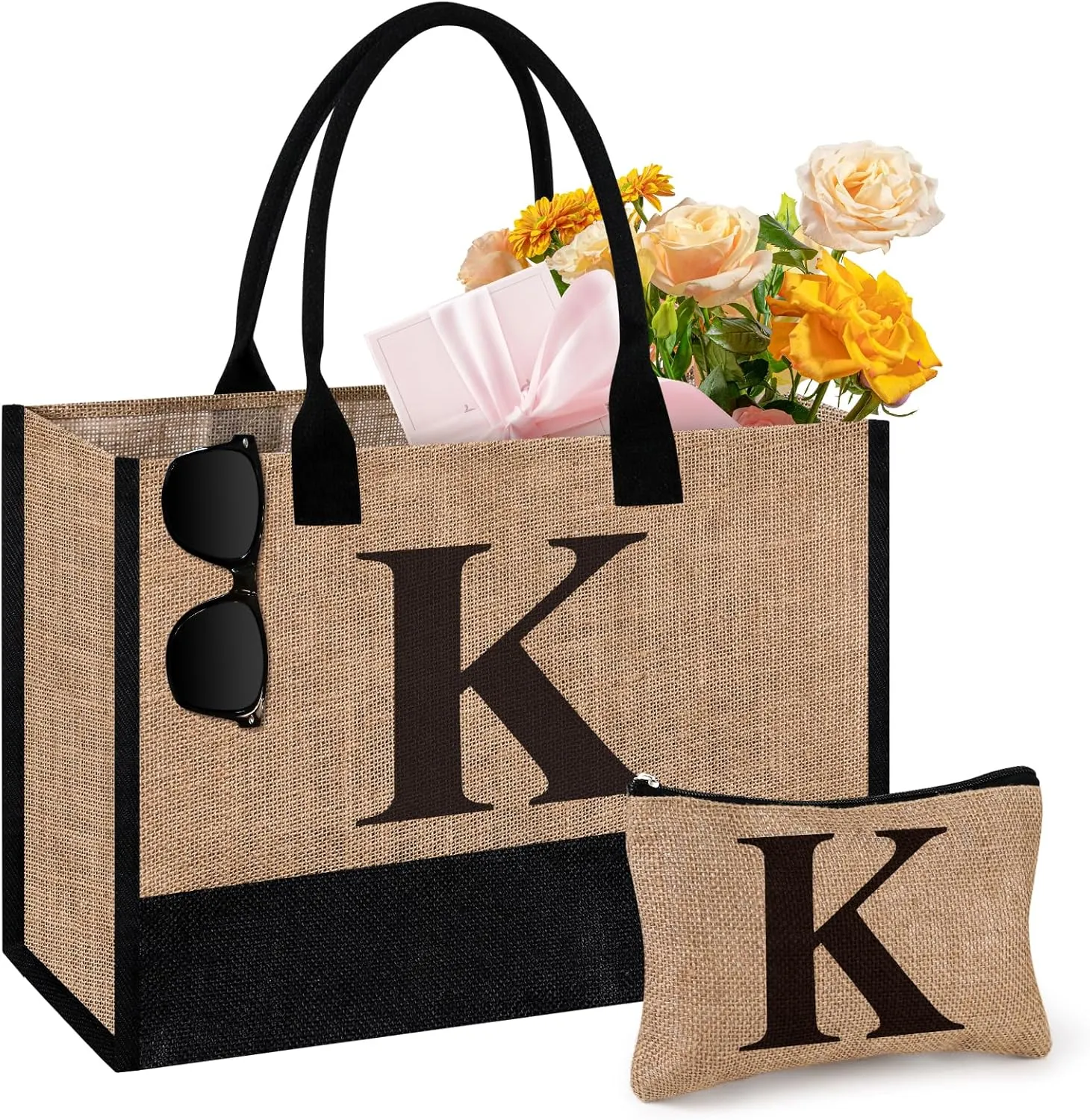 Initial Jute Tote Bag & Makeup Bag, Birthday Gifts for Women Her Mom Teachers Friends