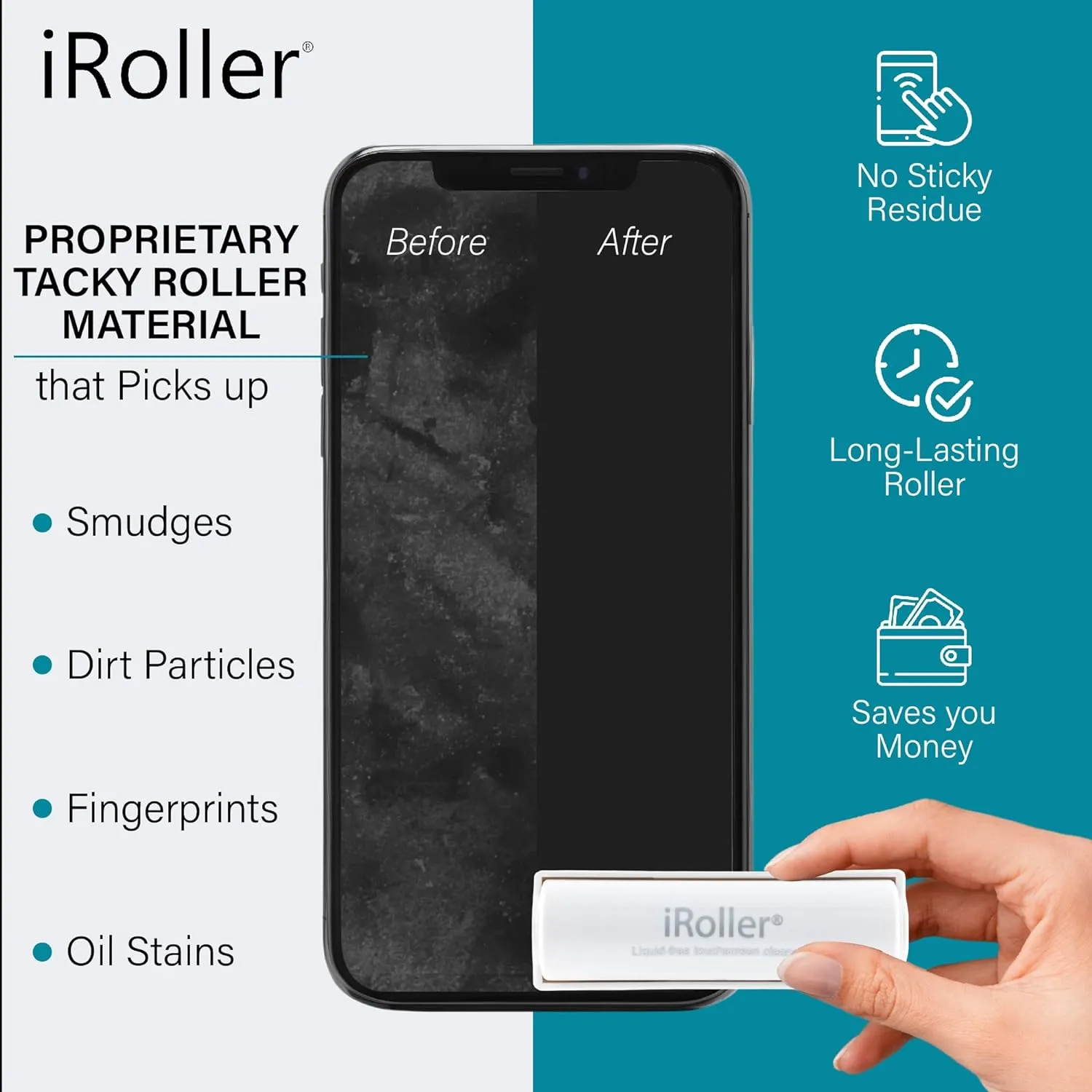 iPad Screen Cleaner by iRoller - Pack of 3 - No Need for Spray or Wipes, Liquid Free - Reusable & Washable -Portable Phone Screen Cleaner for Touchscreen- Ideal for Smartphone, Macbook, Monitor - 3.5"