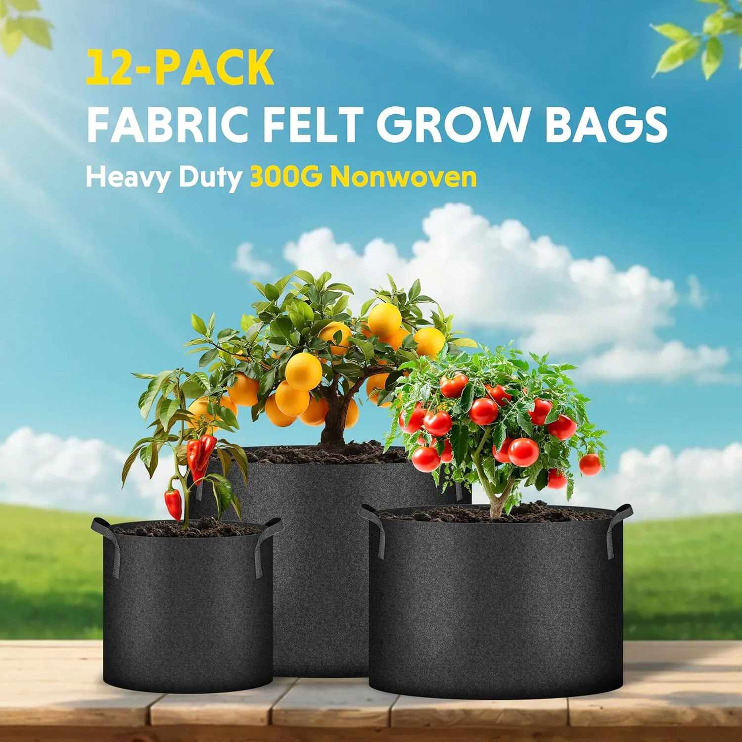 iPower 12-Pack 15 Gallon Grow Bags Heavy Duty Thickened Aeration Nonwoven Fabric Pots with Nylon Handles and 12 Labels for Planting Vegetables, Fruits, Flowers, Black