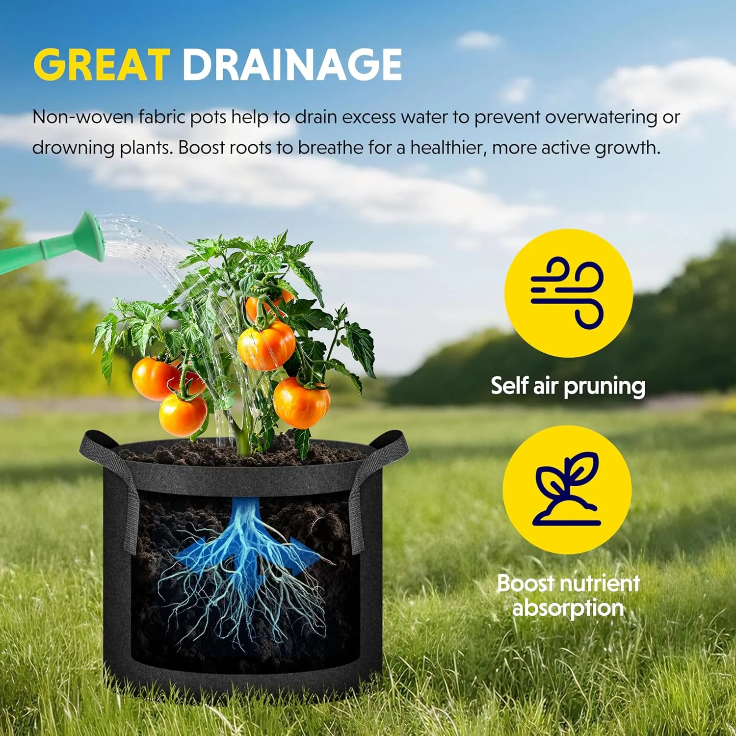 iPower 12-Pack 15 Gallon Grow Bags Heavy Duty Thickened Aeration Nonwoven Fabric Pots with Nylon Handles and 12 Labels for Planting Vegetables, Fruits, Flowers, Black