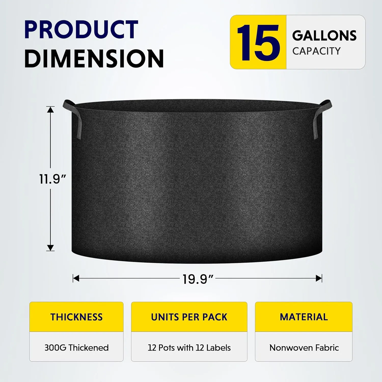 iPower 12-Pack 15 Gallon Grow Bags Heavy Duty Thickened Aeration Nonwoven Fabric Pots with Nylon Handles and 12 Labels for Planting Vegetables, Fruits, Flowers, Black