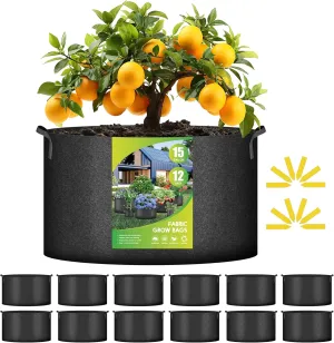 iPower 12-Pack 15 Gallon Grow Bags Heavy Duty Thickened Aeration Nonwoven Fabric Pots with Nylon Handles and 12 Labels for Planting Vegetables, Fruits, Flowers, Black