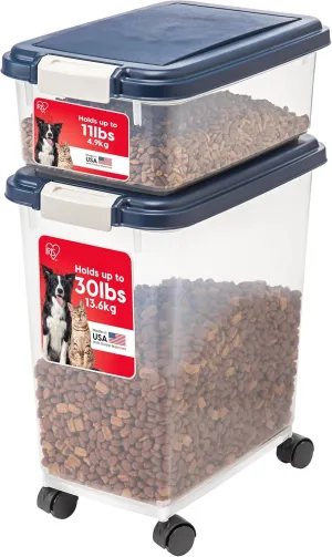 IRIS USA 30 lbs & 11 lbs Combo Airtight Dog Food Storage Container, Stackable Treat Box, Wheels, Keep Fresh, Easy Mobility, Navy