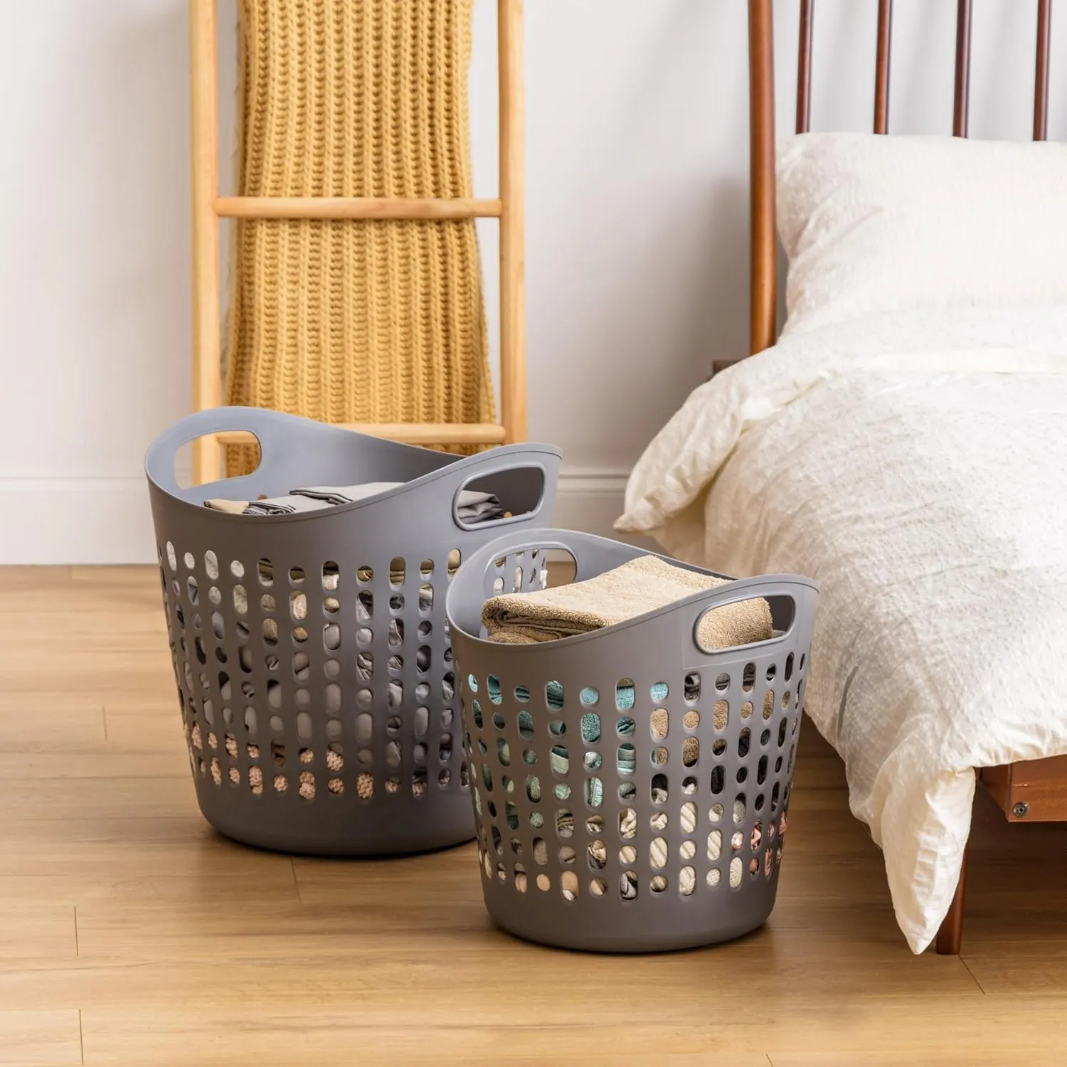 IRIS USA Laundry Basket Hamper, 3-Pack, 40L Flexible Plastic Dirty Clothes Bag with Ventilation Holes for Bedroom Bathroom Apartment Dorm Laundry Room Blankets Pillows Trinkets Organization, Gray