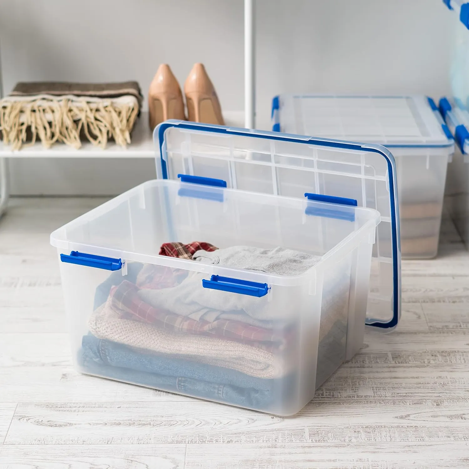 IRIS USA WeatherPro 44 Qt Storage Bins with Lids, 2 Pack, BPA-Free Plastic Gasket Box with Tight Latch and Seal, Stackable Nestable Tote Tub - Clear/Blue