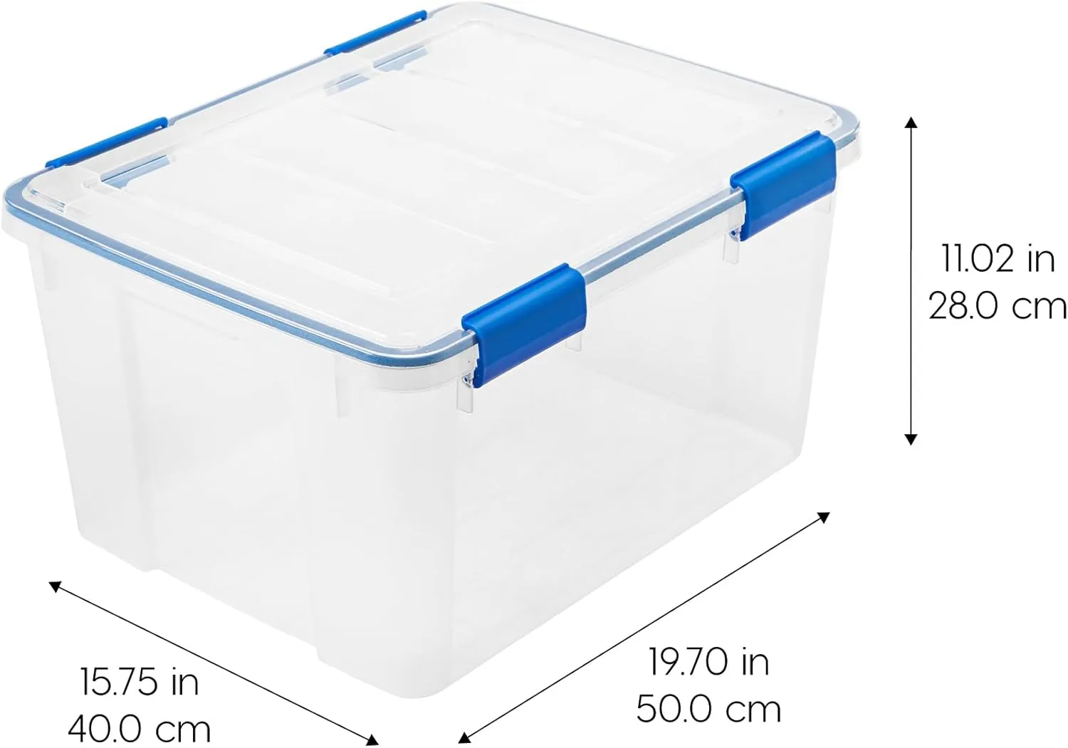 IRIS USA WeatherPro 44 Qt Storage Bins with Lids, 2 Pack, BPA-Free Plastic Gasket Box with Tight Latch and Seal, Stackable Nestable Tote Tub - Clear/Blue