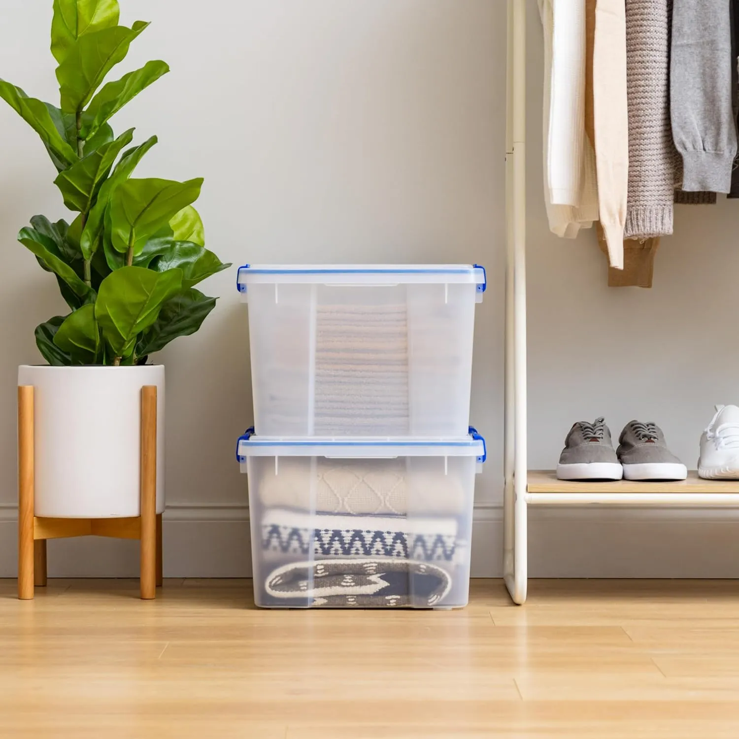 IRIS USA WeatherPro 44 Qt Storage Bins with Lids, 2 Pack, BPA-Free Plastic Gasket Box with Tight Latch and Seal, Stackable Nestable Tote Tub - Clear/Blue