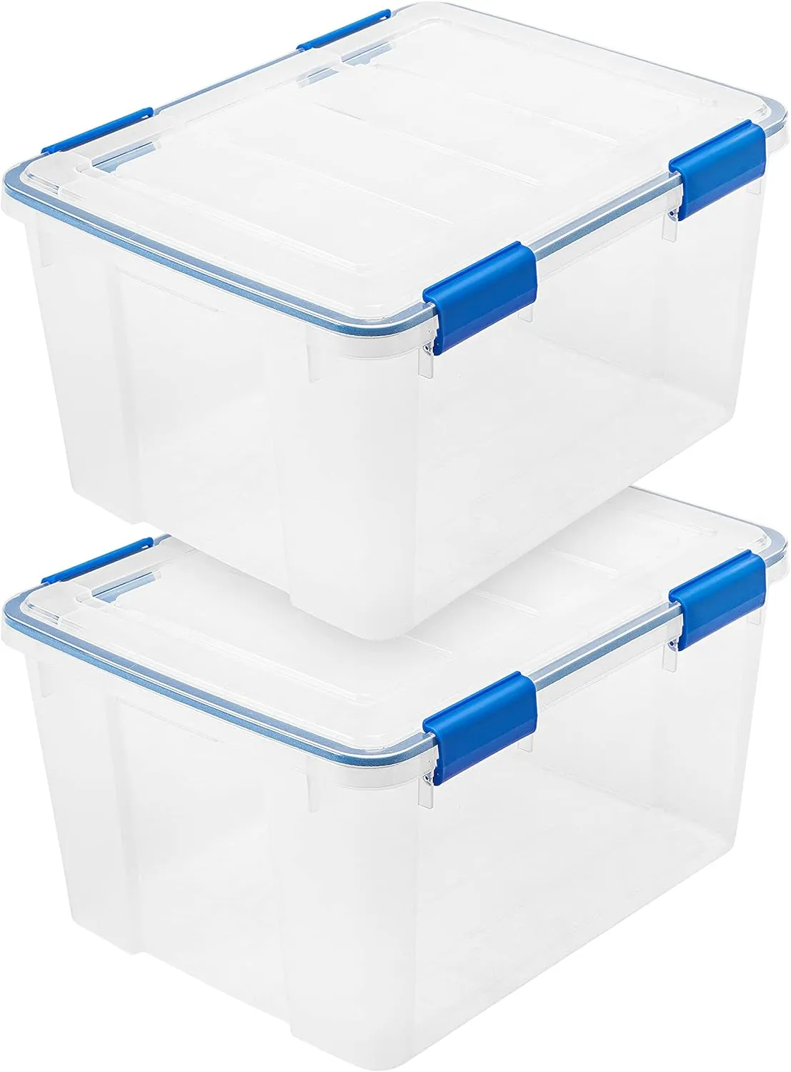 IRIS USA WeatherPro 44 Qt Storage Bins with Lids, 2 Pack, BPA-Free Plastic Gasket Box with Tight Latch and Seal, Stackable Nestable Tote Tub - Clear/Blue