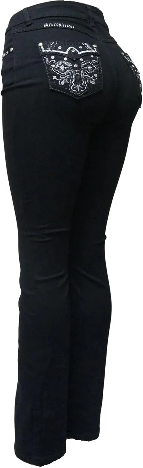 Jack David H&Y U-Cute Rose 2 Rhinestone Studded Denim Bootcut Flap Pocket Jeans