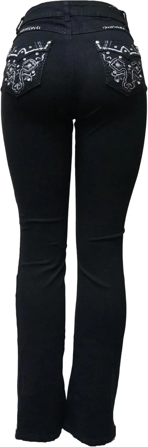 Jack David H&Y U-Cute Rose 2 Rhinestone Studded Denim Bootcut Flap Pocket Jeans