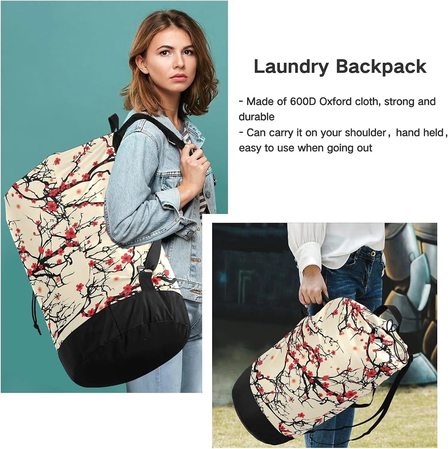 Japanese Cherry Blossom Laundry Bag Backpack with Shoulder Straps Daisy Dirty Clothes Organizer Extra Large Heavy Duty for Camp College Dorm Room Essentials for Girls