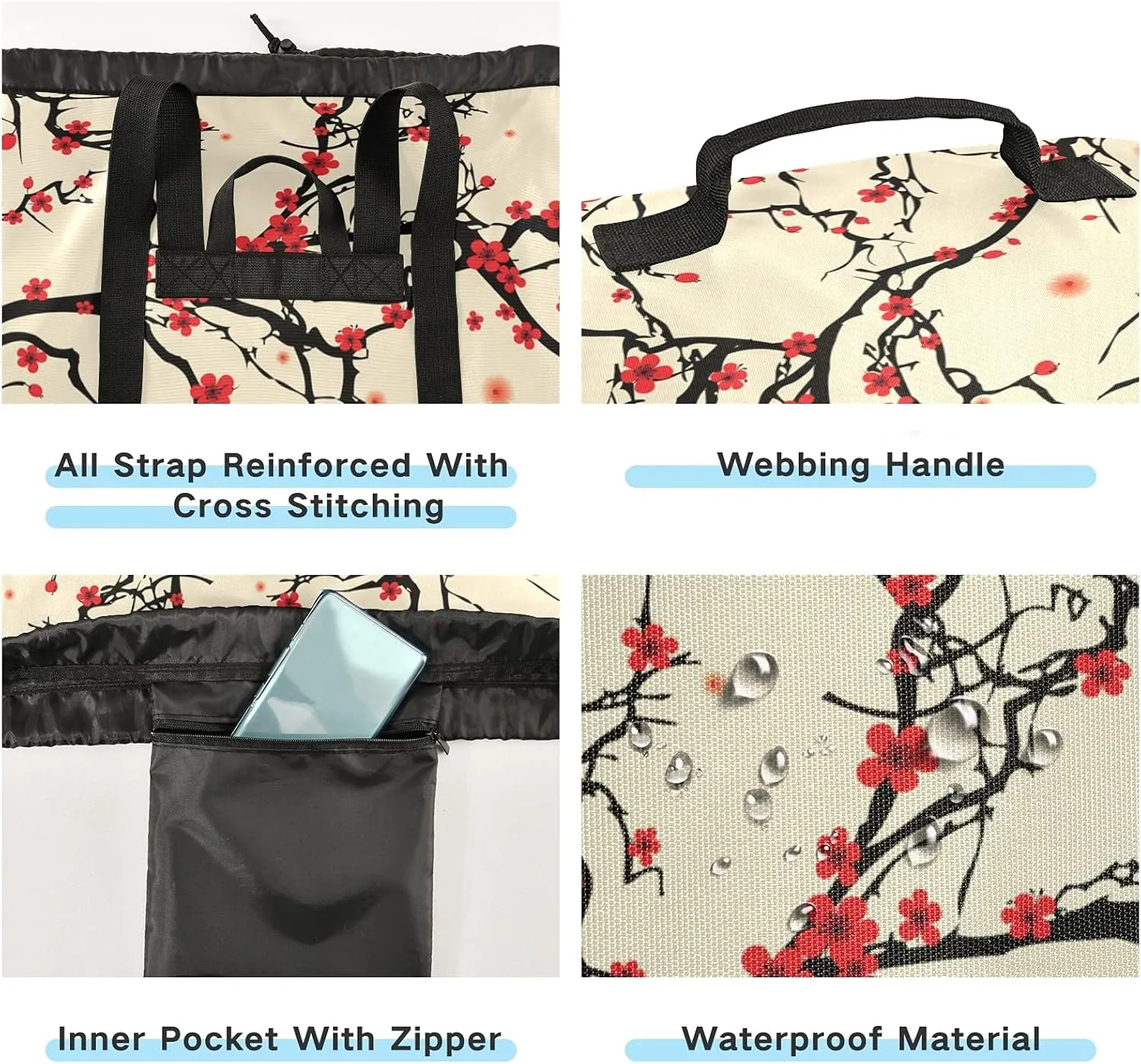 Japanese Cherry Blossom Laundry Bag Backpack with Shoulder Straps Daisy Dirty Clothes Organizer Extra Large Heavy Duty for Camp College Dorm Room Essentials for Girls