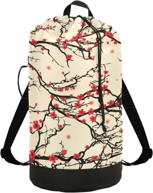 Japanese Cherry Blossom Laundry Bag Backpack with Shoulder Straps Daisy Dirty Clothes Organizer Extra Large Heavy Duty for Camp College Dorm Room Essentials for Girls