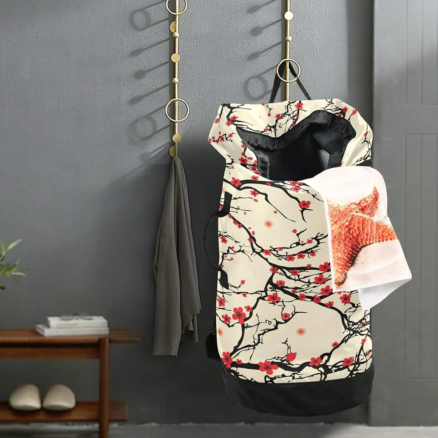 Japanese Cherry Blossom Laundry Bag Backpack with Shoulder Straps Daisy Dirty Clothes Organizer Extra Large Heavy Duty for Camp College Dorm Room Essentials for Girls