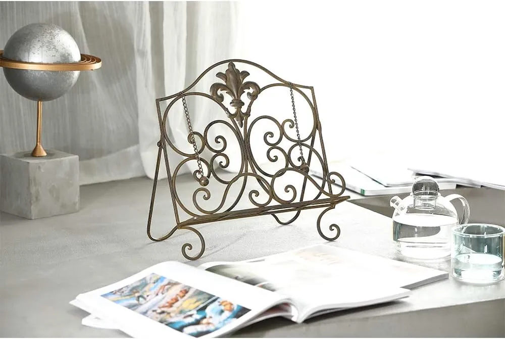 Jemeni Metal Fleur De Lis Cookbook Holder Recipe Stand for Kitchen, Antique Brown Finish……