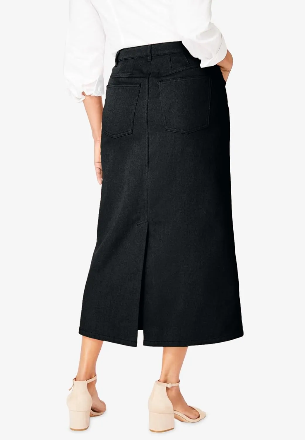 Jessica London Women's Plus Size Classic Cotton Denim Midi Skirt Pockets Long Jean Skirt