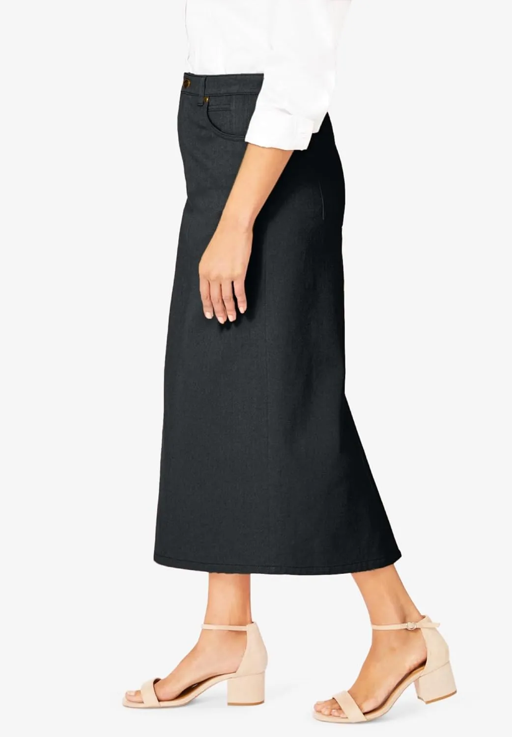 Jessica London Women's Plus Size Classic Cotton Denim Midi Skirt Pockets Long Jean Skirt