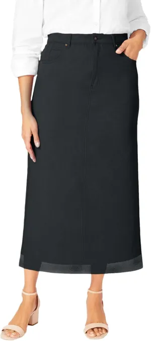 Jessica London Women's Plus Size Classic Cotton Denim Midi Skirt Pockets Long Jean Skirt