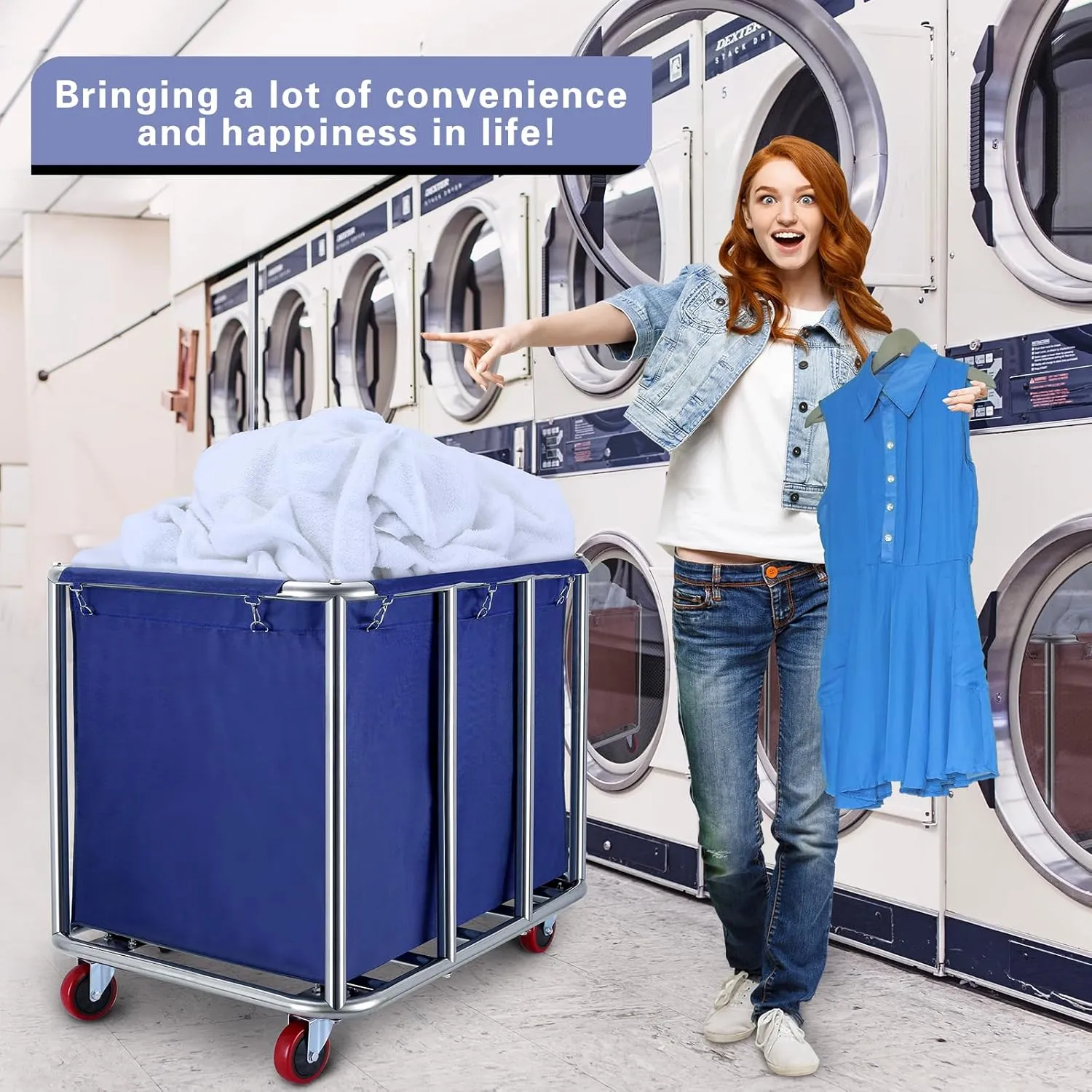 JJSMKCH Commercial Laundry Cart with Wheels, 400L Capacity, Sturdy Steel Frame, Waterproof Oxford Cloth, 330 lbs Load, Blue