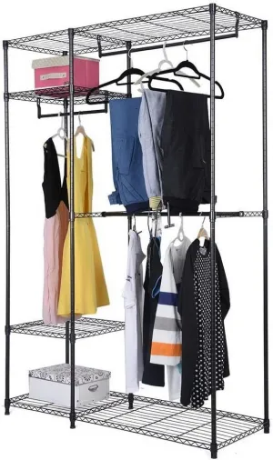 JOBO 4 Shelves Garment Rack Heavy Duty Clothes Rack Portable Wire Shelving Clothing Racks with 3 Hanging Rod Freestanding Closet Metal Storage Rack Armoire Wardrobe Closet, Black