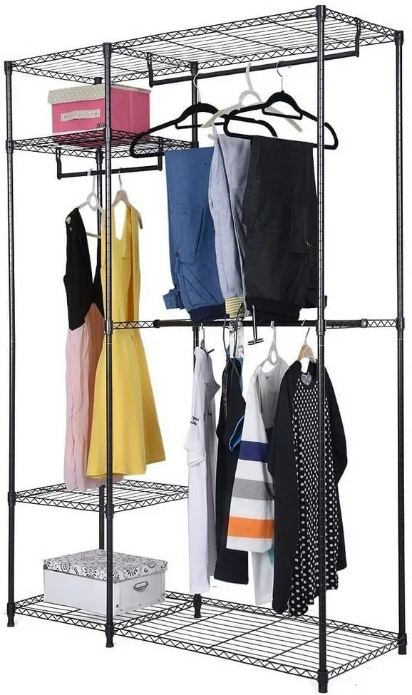 JOBO 4 Shelves Garment Rack Heavy Duty Clothes Rack Portable Wire Shelving Clothing Racks with 3 Hanging Rod Freestanding Closet Metal Storage Rack Armoire Wardrobe Closet, Black