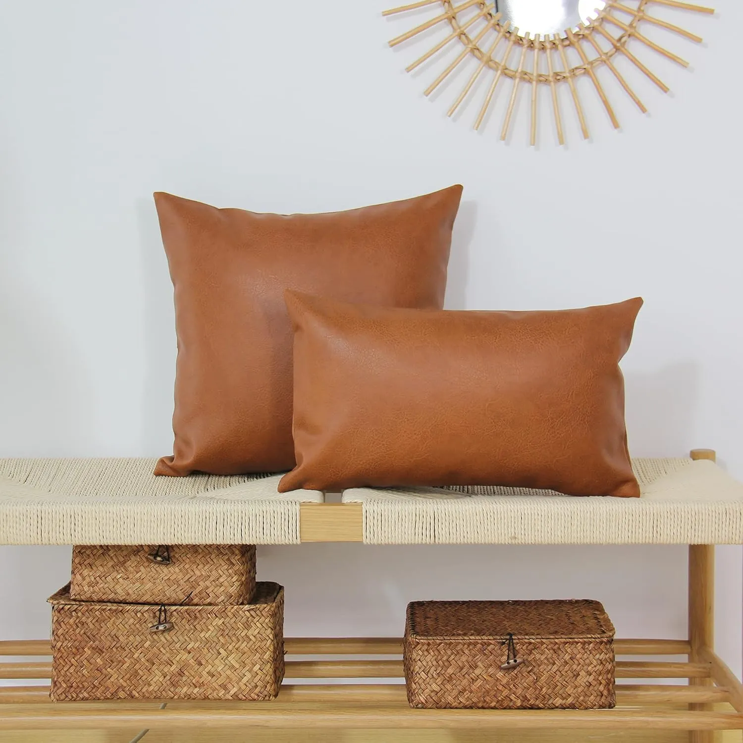 JOJUSIS Faux Leather Throw Pillow Covers 20x20 Inch Set of 2 Decorative Modern Boho Farmhouse Pillowcases for Couch Sofa Bed Orange Brown