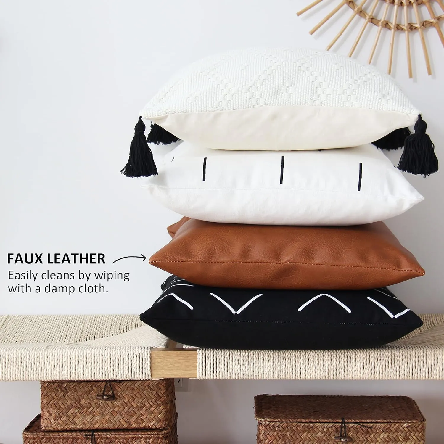 JOJUSIS Faux Leather Throw Pillow Covers 20x20 Inch Set of 2 Decorative Modern Boho Farmhouse Pillowcases for Couch Sofa Bed Orange Brown