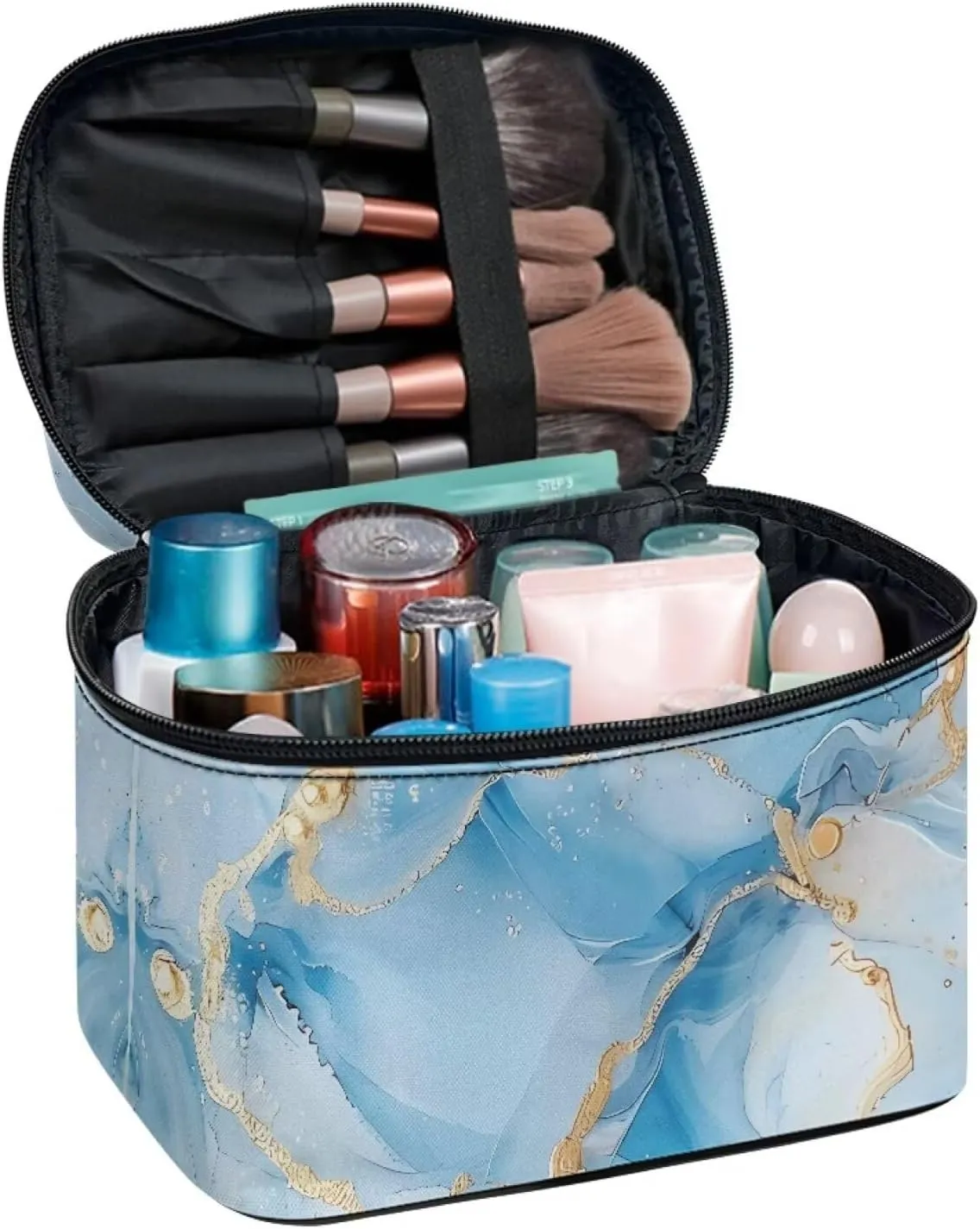 JoyLamoria Blue Marble Print Cosmetic Bag Toiletry Bag Zipper Closure Makeup Bag Travel Case