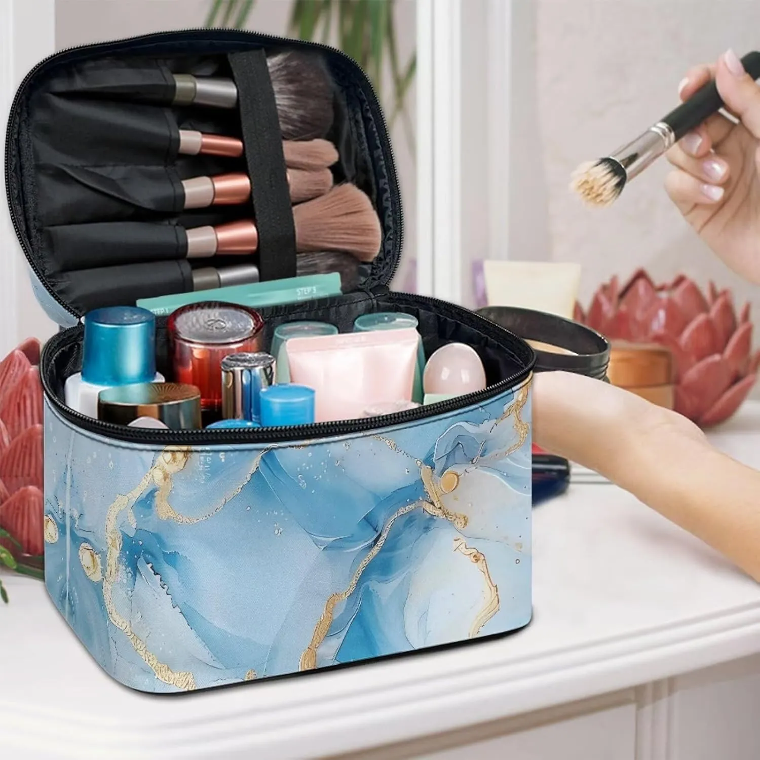 JoyLamoria Blue Marble Print Cosmetic Bag Toiletry Bag Zipper Closure Makeup Bag Travel Case