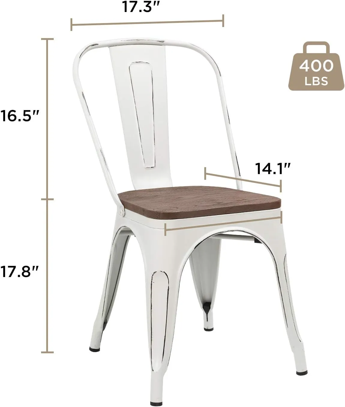 JUMMICO Metal Dining Chair Stackable Industrial Vintage Kitchen Chairs Indoor-Outdoor Bistro Cafe Side Chairs with Back and Wooden Seat Set of 4 (White)