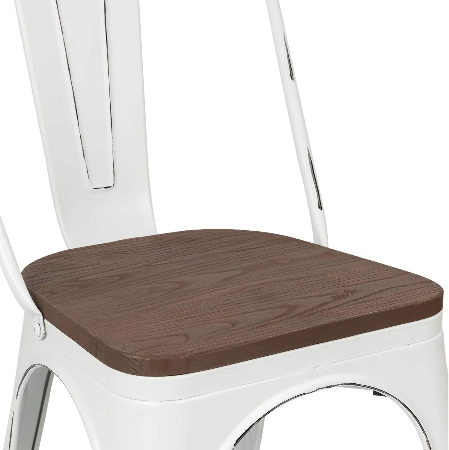 JUMMICO Metal Dining Chair Stackable Industrial Vintage Kitchen Chairs Indoor-Outdoor Bistro Cafe Side Chairs with Back and Wooden Seat Set of 4 (White)