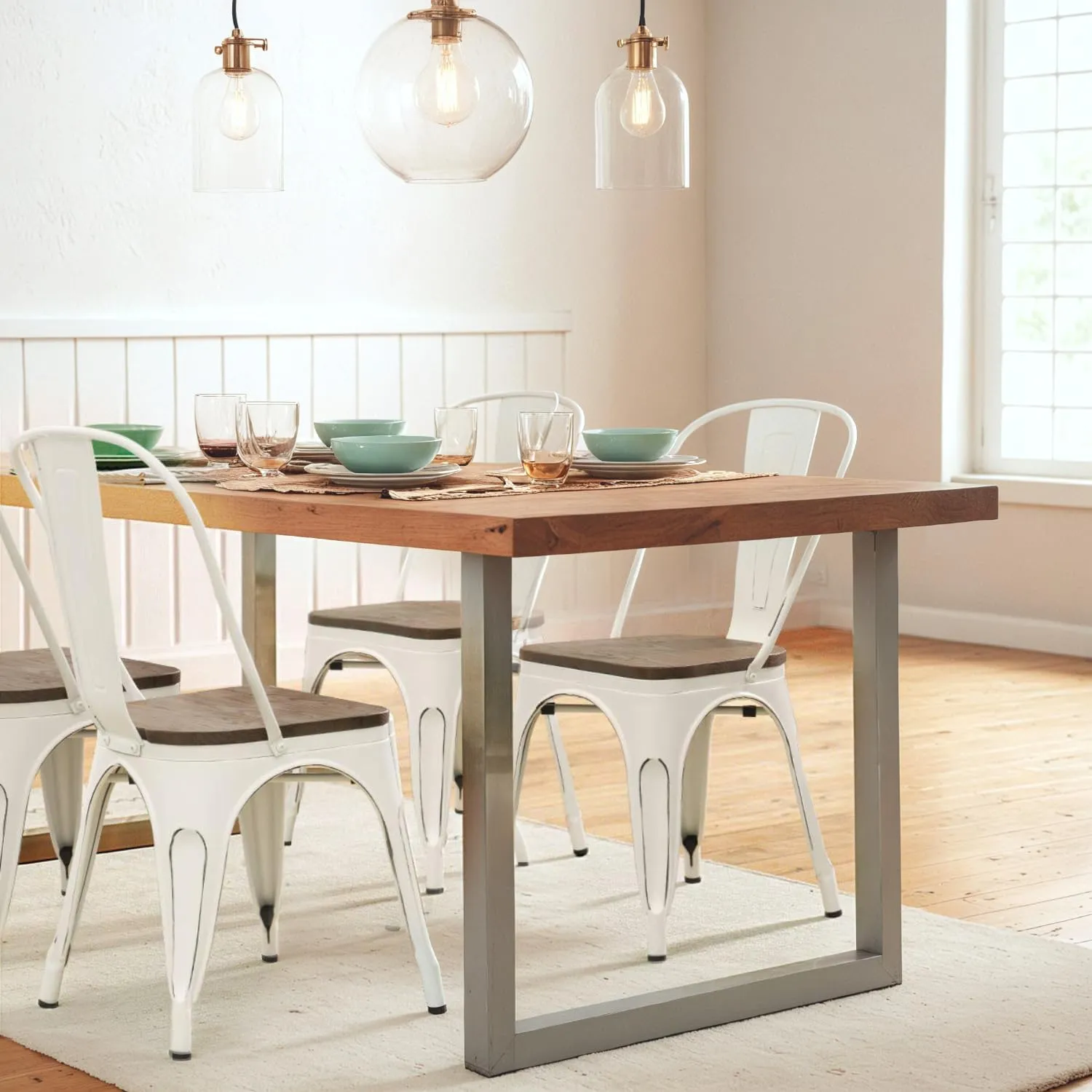 JUMMICO Metal Dining Chair Stackable Industrial Vintage Kitchen Chairs Indoor-Outdoor Bistro Cafe Side Chairs with Back and Wooden Seat Set of 4 (White)