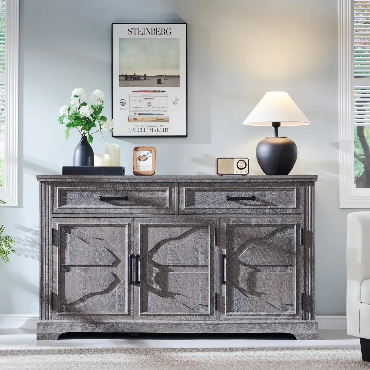 JXQTLINGMU 55" Large Buffet Sideboard Cabinet with 3 Doors and 2 Drawers, Buffet Table Coffee Bar Wine Bar Storage Cabinet for Dining Room, Living Room, Dark Grey