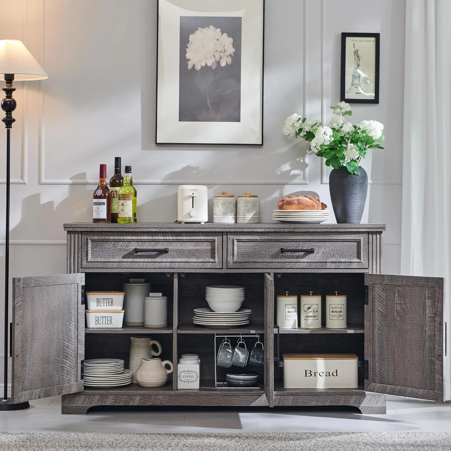 JXQTLINGMU 55" Large Buffet Sideboard Cabinet with 3 Doors and 2 Drawers, Buffet Table Coffee Bar Wine Bar Storage Cabinet for Dining Room, Living Room, Dark Grey