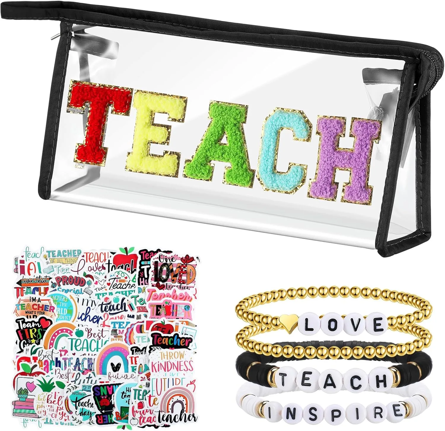 Kacctyen 62 Pcs Teacher Appreciation Gifts Set Include 1 Chenille Letter Makeup Bag, 4 Stackable Bracelets, 57 Stickers, Graduation Retirement Teacher Gifts for Women (Black)