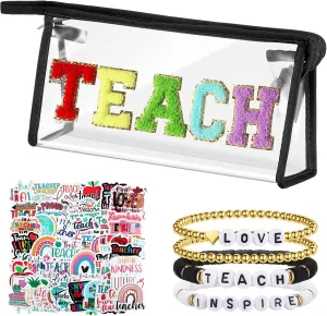 Kacctyen 62 Pcs Teacher Appreciation Gifts Set Include 1 Chenille Letter Makeup Bag, 4 Stackable Bracelets, 57 Stickers, Graduation Retirement Teacher Gifts for Women (Black)