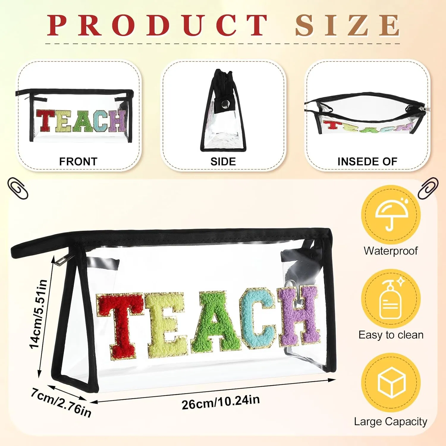 Kacctyen 62 Pcs Teacher Appreciation Gifts Set Include 1 Chenille Letter Makeup Bag, 4 Stackable Bracelets, 57 Stickers, Graduation Retirement Teacher Gifts for Women (Black)