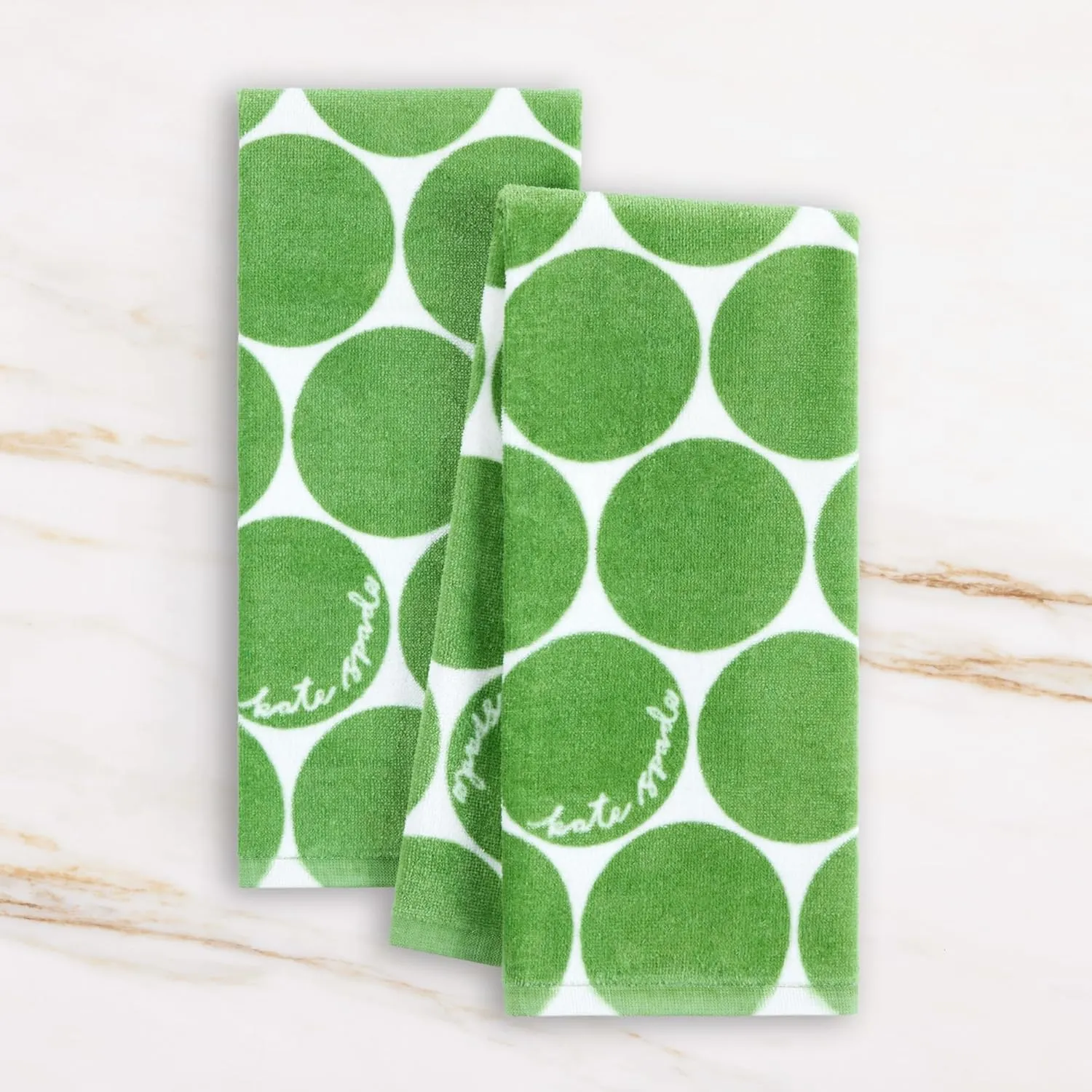 Kate Spade New York Joy Dot Kitchen Towels 2-Pack Set, Absorbent 100% Cotton Velour, Green/Cream, 17"x28"