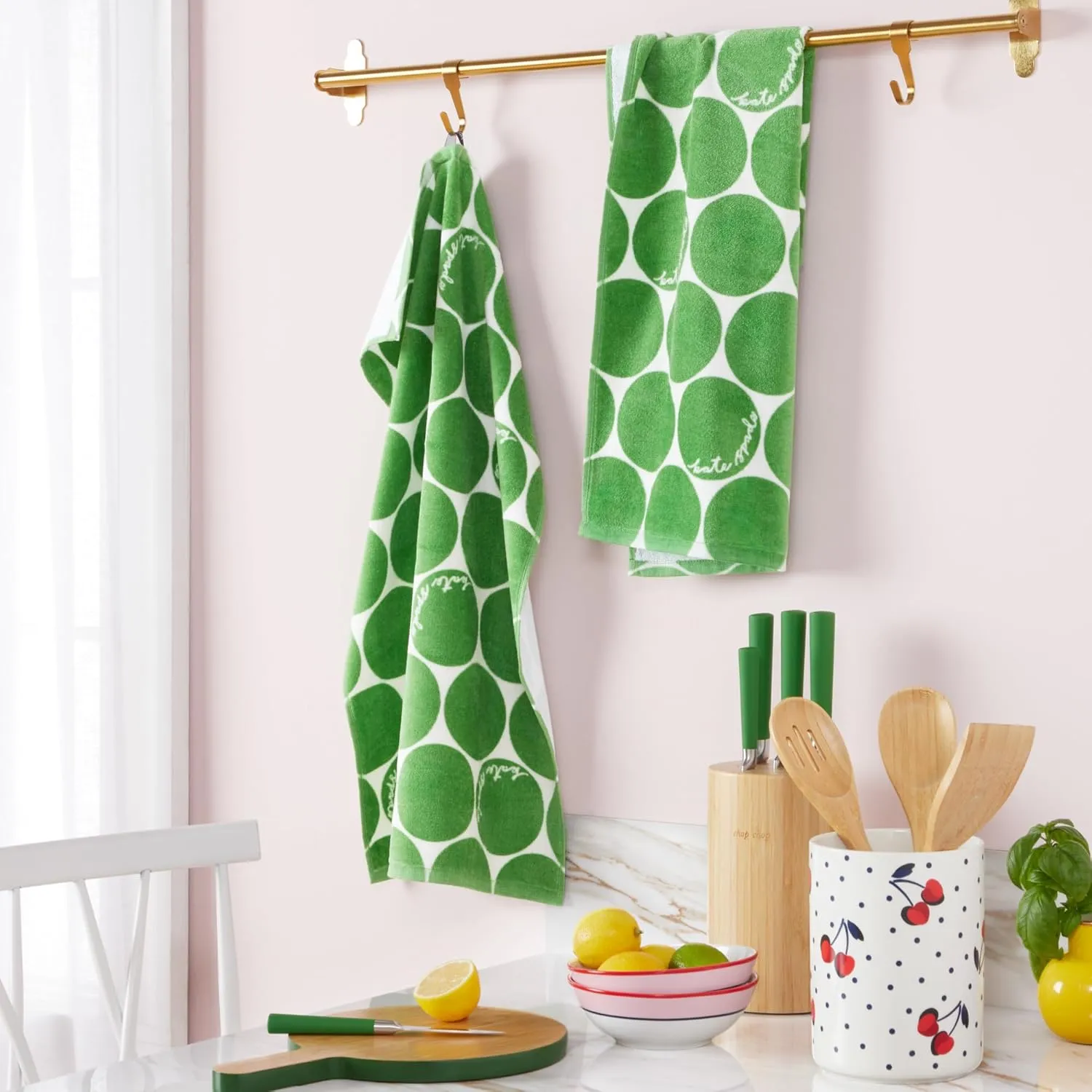 Kate Spade New York Joy Dot Kitchen Towels 2-Pack Set, Absorbent 100% Cotton Velour, Green/Cream, 17"x28"