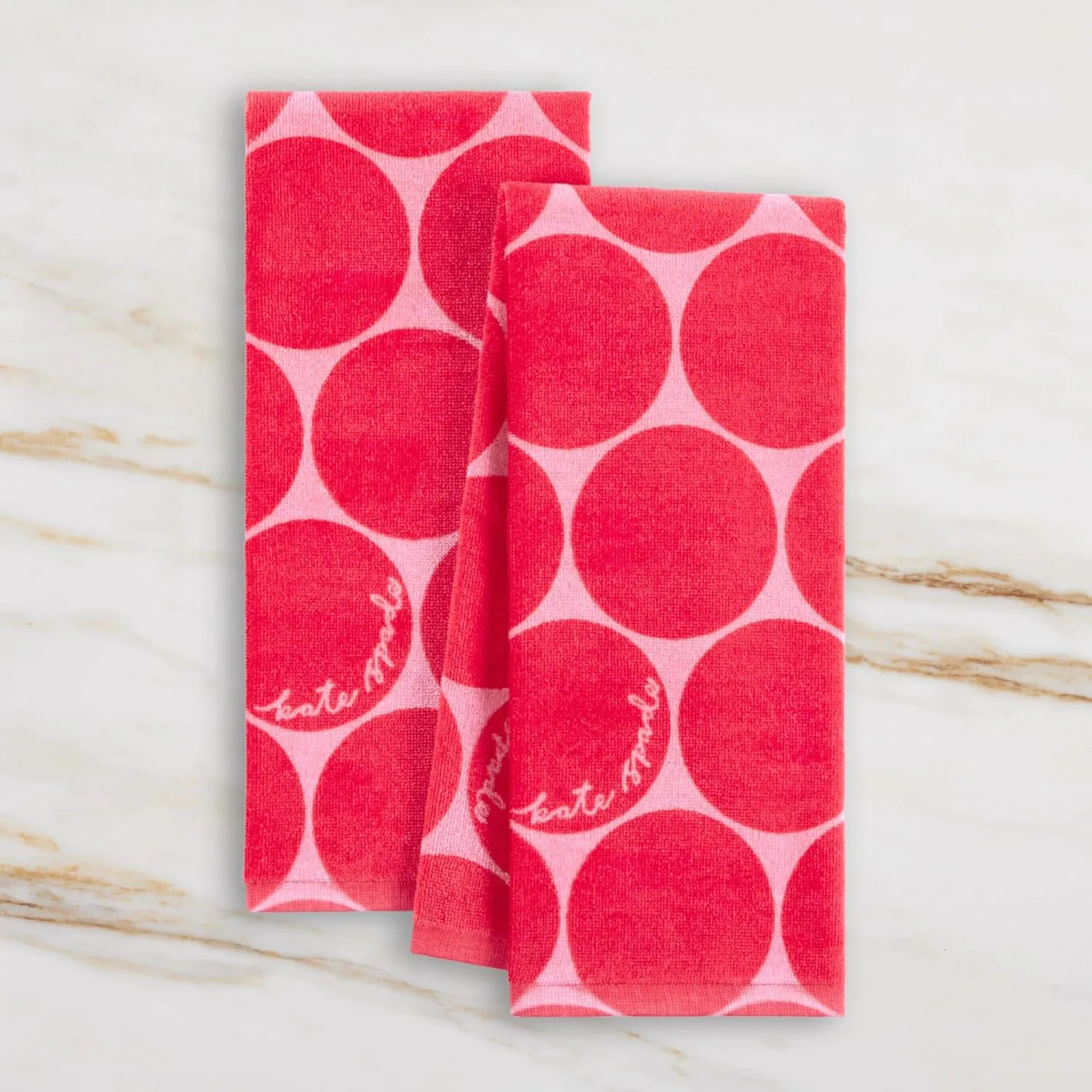 Kate Spade New York Joy Dot Kitchen Towels 2-Pack Set, Absorbent 100% Cotton Velour, Red/Rose Pink, 17"x28"