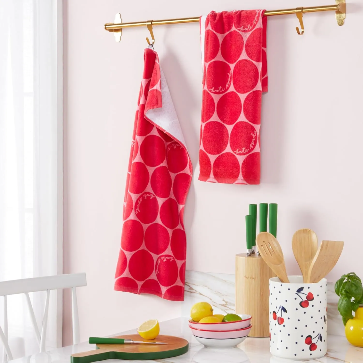 Kate Spade New York Joy Dot Kitchen Towels 2-Pack Set, Absorbent 100% Cotton Velour, Red/Rose Pink, 17"x28"