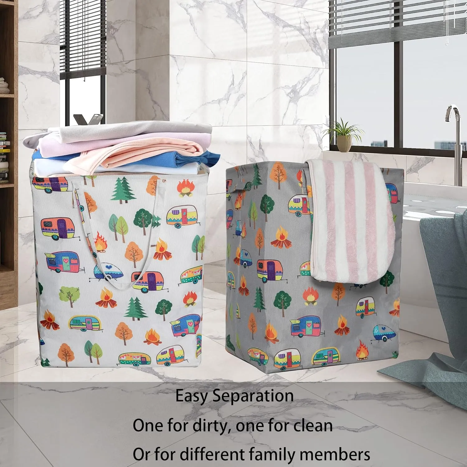 Kay&J 2 Pack Laundry Hamper, Collapsible Laundry Baskets with 11.8 Inch Width, 19.7 Inch Height, Two Bags for Easy Sorting, RV Travel Trailer Camper Decor Accessories Grey,White
