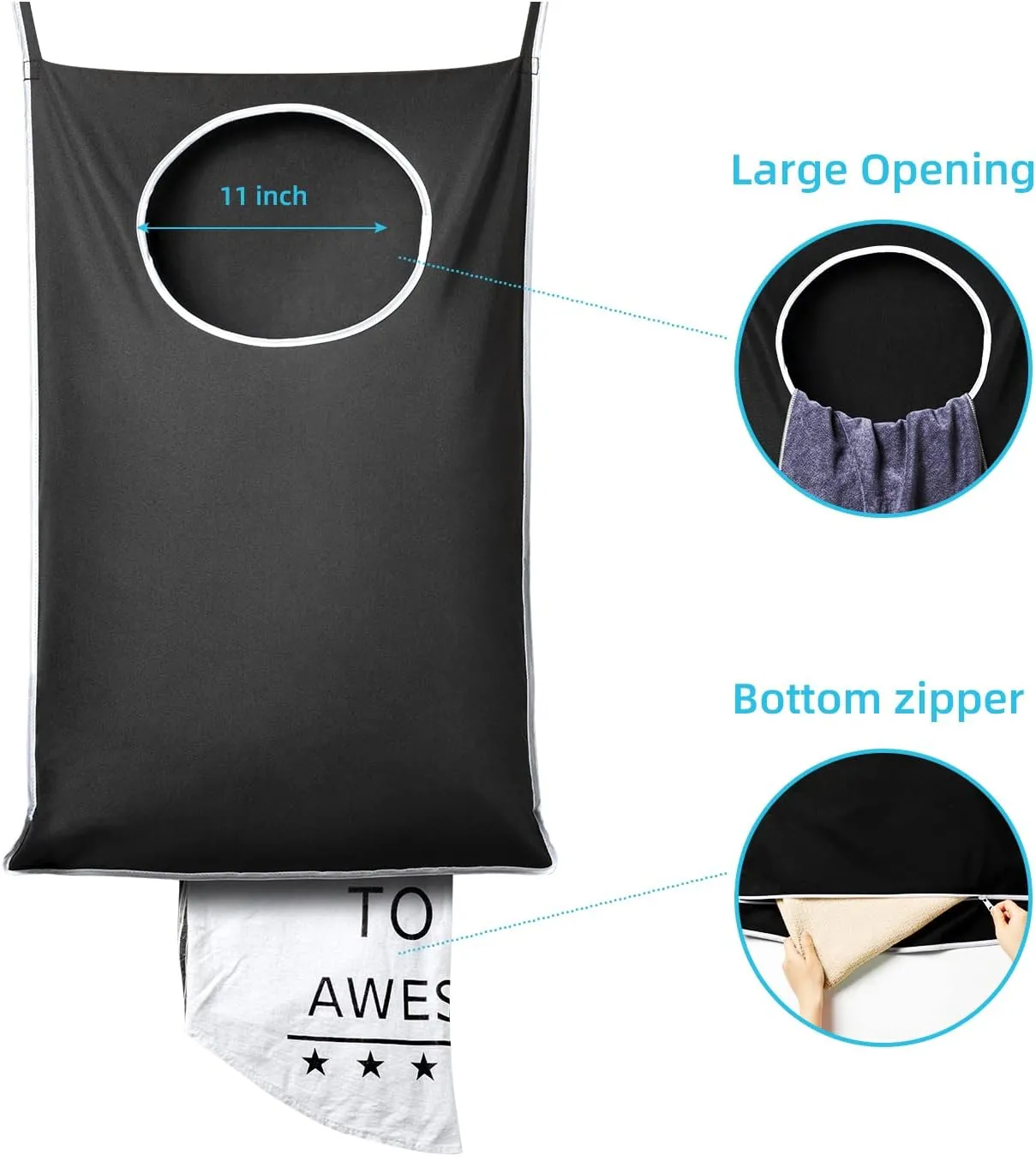 KEEPJOY 2 Pack Door Hanging Laundry Hamper, XL Hanging Bag with Large Opening and 2 Hooks for Whole Family - 36.5X22.5 inch - Black (2pack)