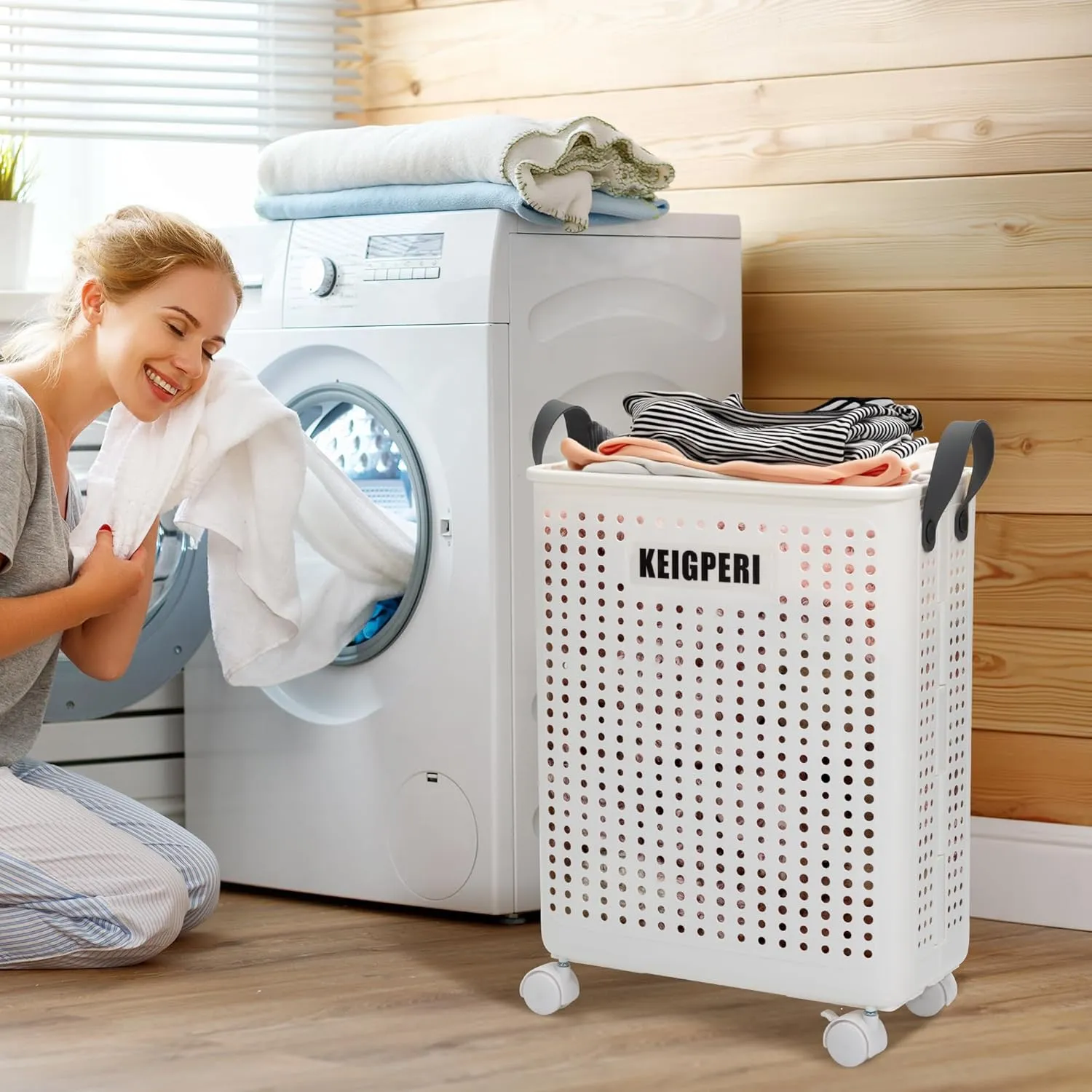 KEIGPERIcollapsible laundry baskets,laundry basket with wheels,foldable laundry basket,With wheels and handles, it is easy to move and can be folded to save space. (White, small)