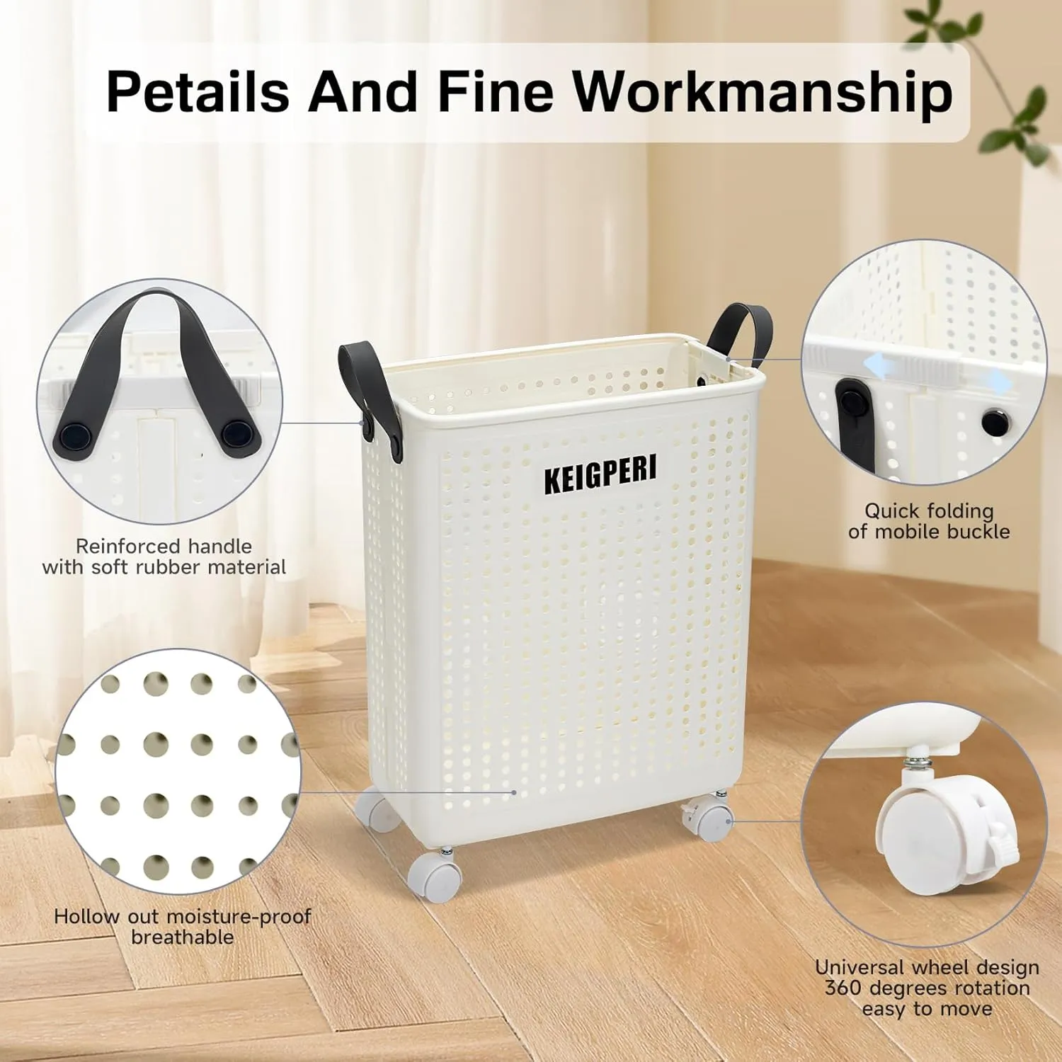 KEIGPERIcollapsible laundry baskets,laundry basket with wheels,foldable laundry basket,With wheels and handles, it is easy to move and can be folded to save space. (White, small)