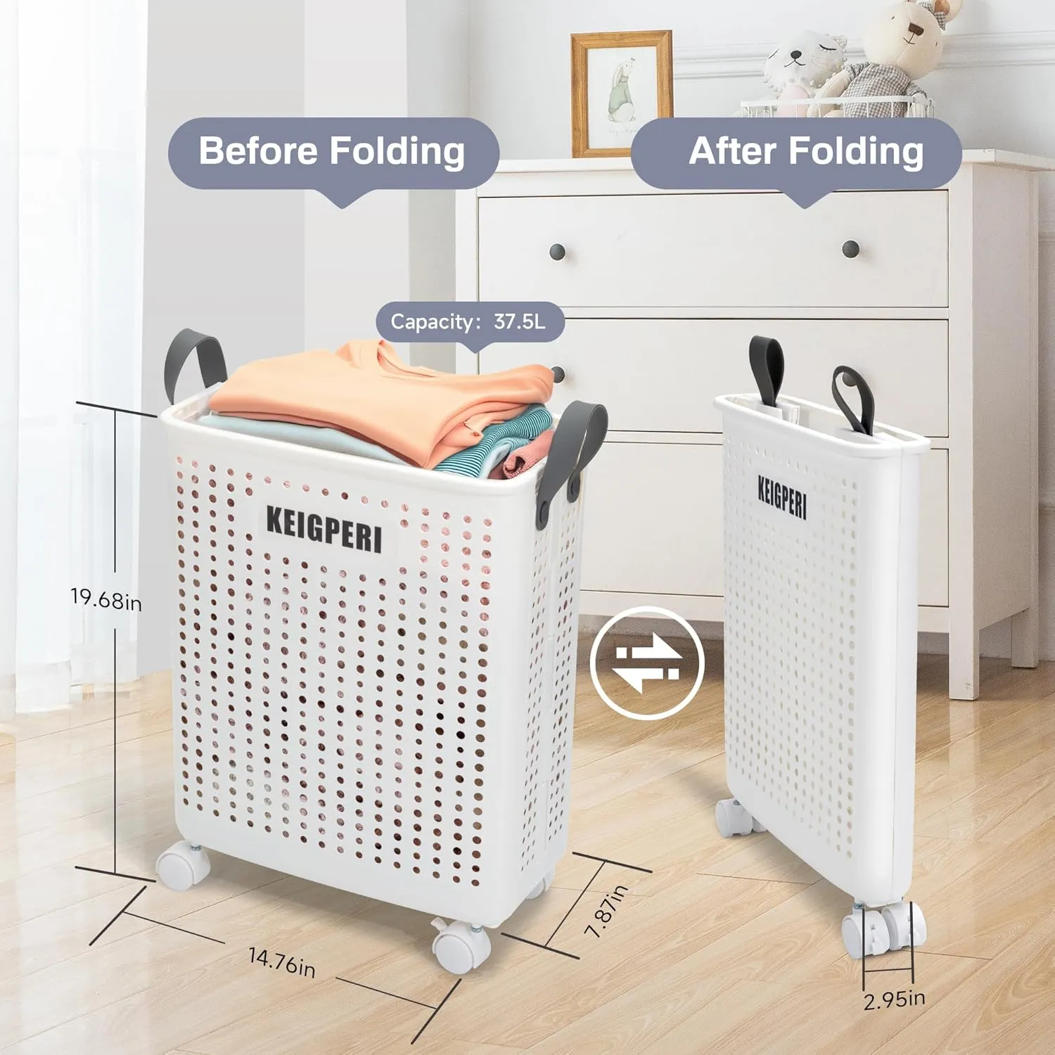 KEIGPERIcollapsible laundry baskets,laundry basket with wheels,foldable laundry basket,With wheels and handles, it is easy to move and can be folded to save space. (White, small)