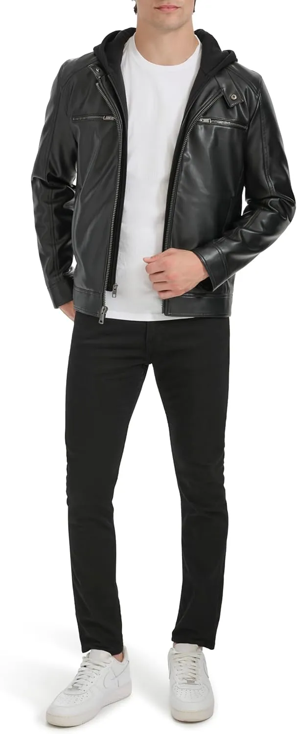 Kenneth Cole Men's Faux Leather Moto with Jersey Attached Hood
