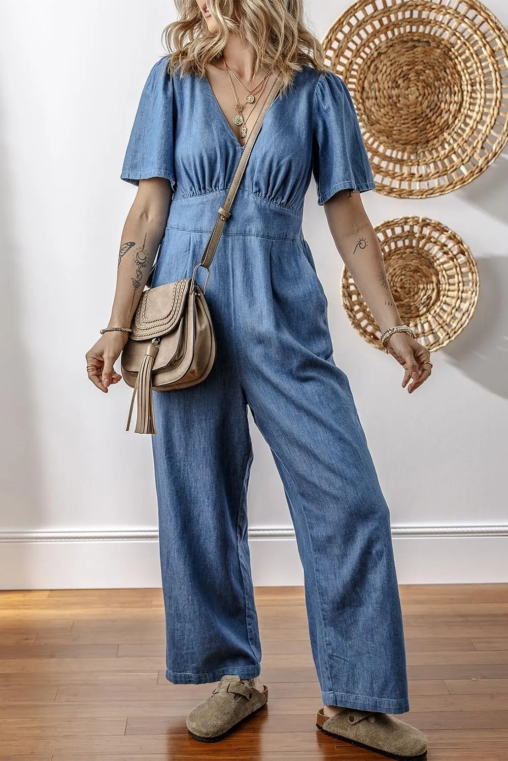 KevaMolly Womens Denim Jumpsuits Casual Ashleigh V Neck Short Sleeve Smocked Back Loose Jumpsuit Pocket Wide Leg Jumpsuit