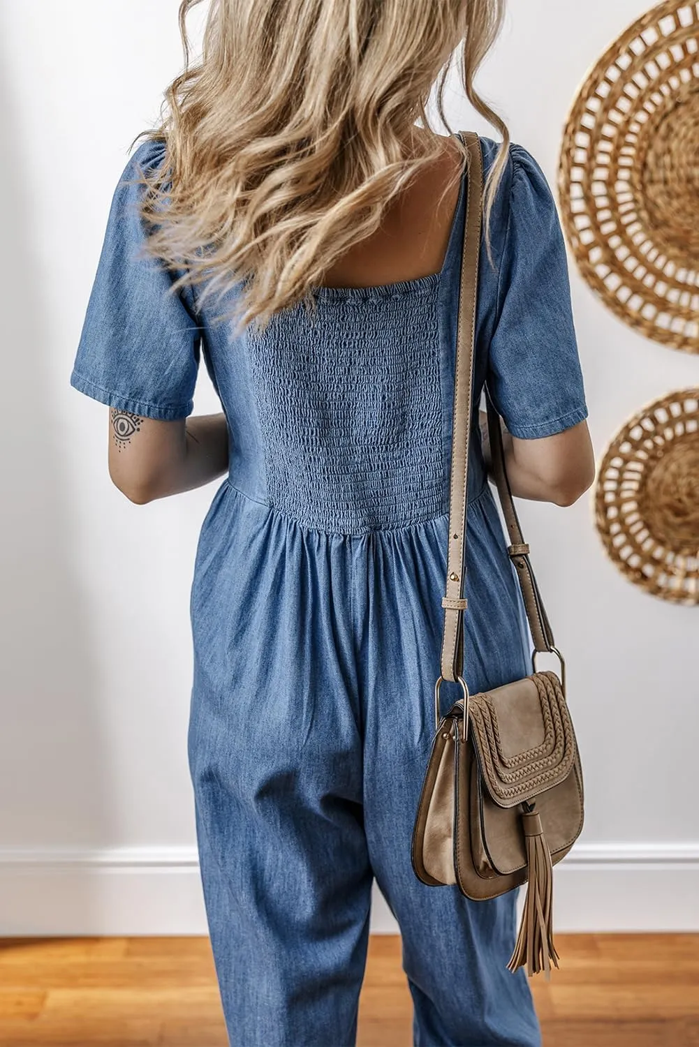 KevaMolly Womens Denim Jumpsuits Casual Ashleigh V Neck Short Sleeve Smocked Back Loose Jumpsuit Pocket Wide Leg Jumpsuit