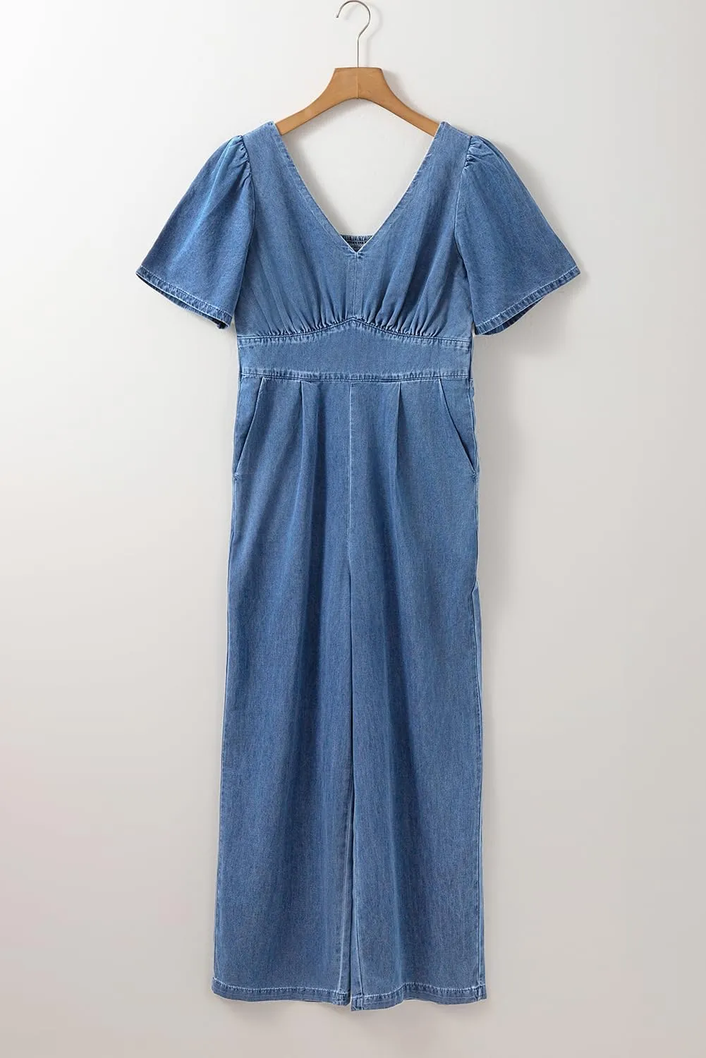 KevaMolly Womens Denim Jumpsuits Casual Ashleigh V Neck Short Sleeve Smocked Back Loose Jumpsuit Pocket Wide Leg Jumpsuit